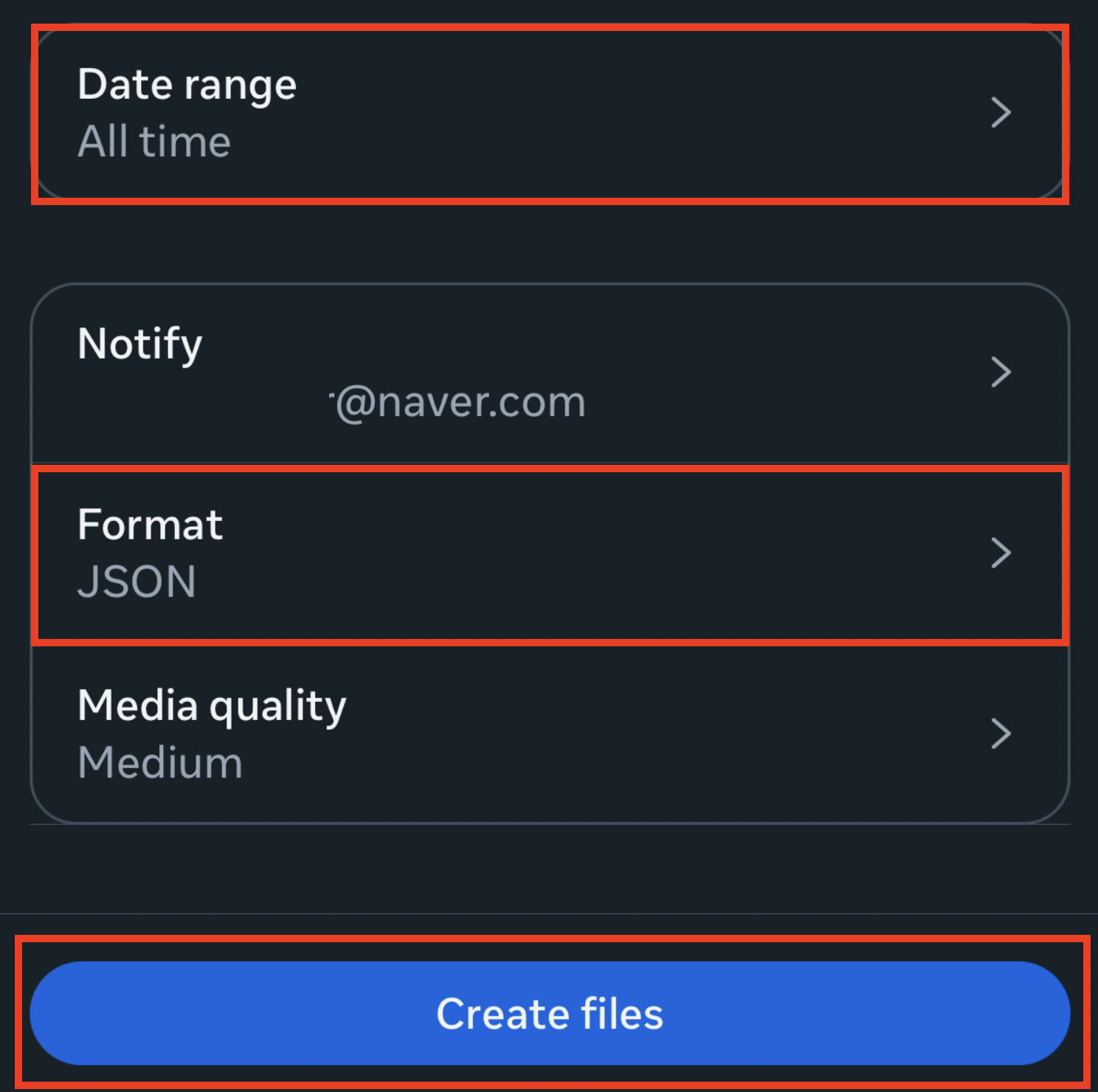 Date range set to All time and format set to JSON
