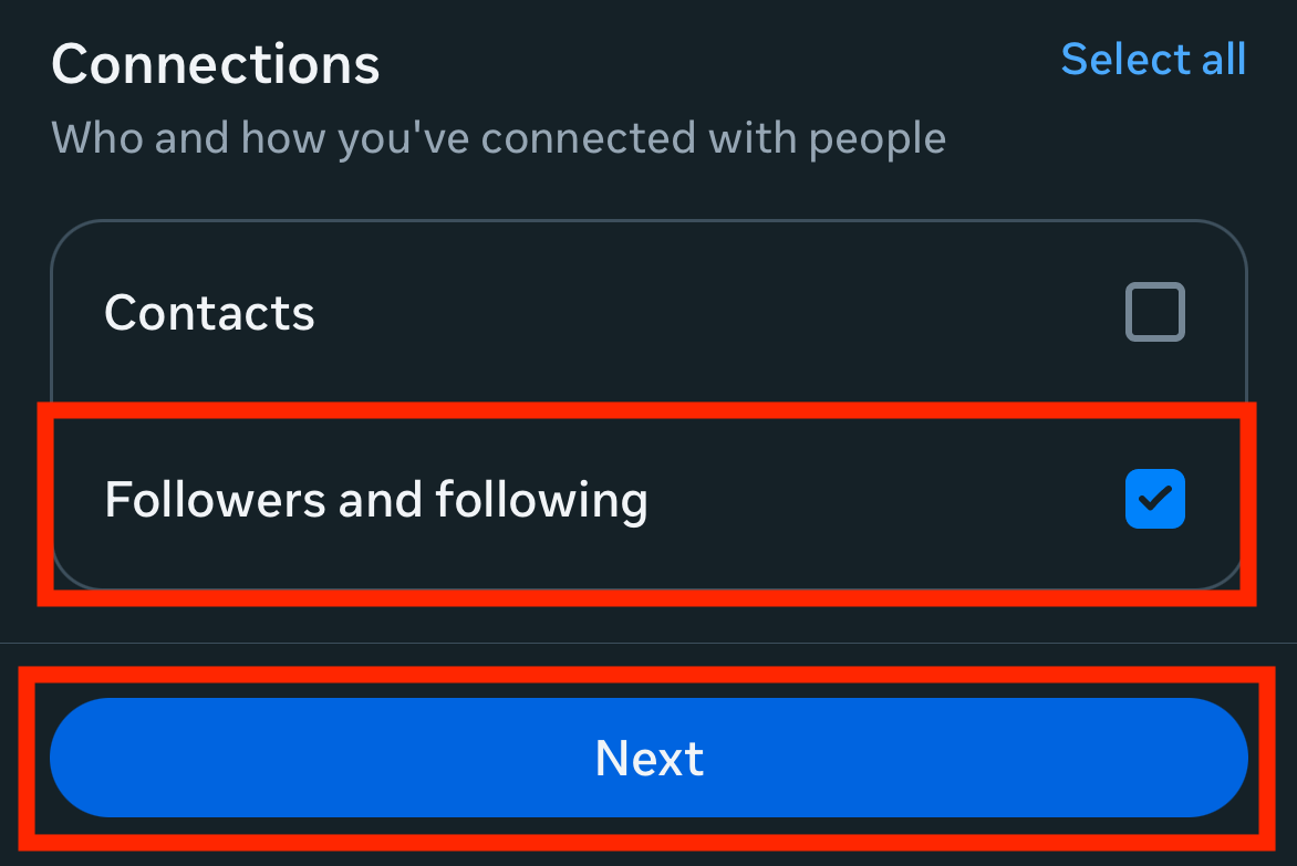 Connections section with only Followers and following checked